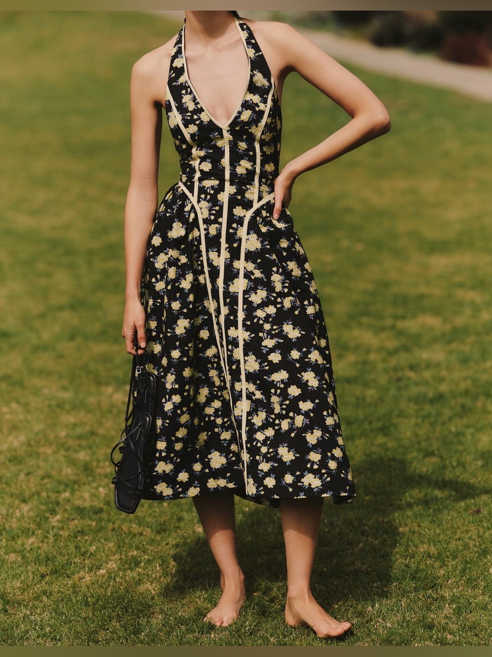 Anthropologie Black Halter Midi Dress with Yellow Floral Print